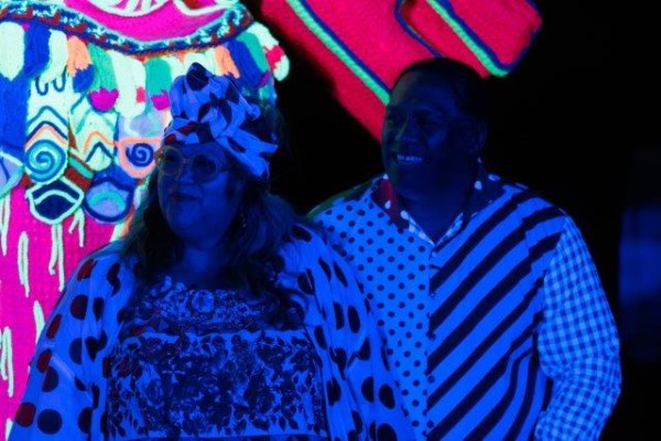 Lissy Robinson-Cole and Rudi Robinson-Cole at the opening of Wharenui Harikoa at Waikato Museum, December 2023.